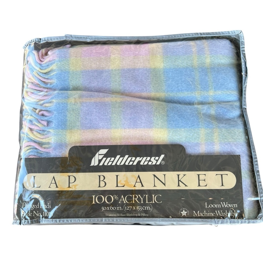 VTG Fuzzy Pastelโ Plaid Fieldcrest Soft Lap Blanket Fringed Ends 50x60 NEW USA